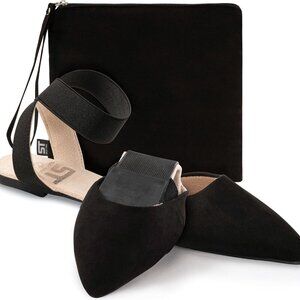 Foldable Flats for Women Black Suede Size 8 Water Resistant Ankle Strap